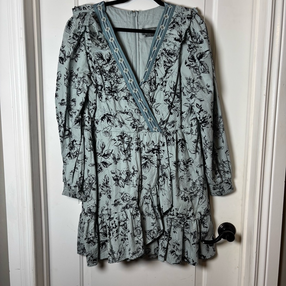 Anthropologie ruffle floral mini wrap dress large blue *missing belt - Picture 2 of 16